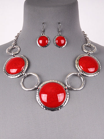 Red Silver Circle Necklace Set