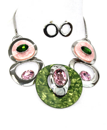 Pink and Green Metal Circle Necklace Set
