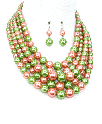 Pink and Green Multi Strand Pearl Necklace Set
