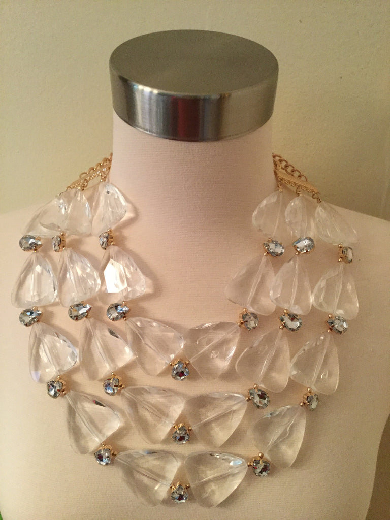 3 Layer Clear Triangled Beaded Necklace Set with matching earrings