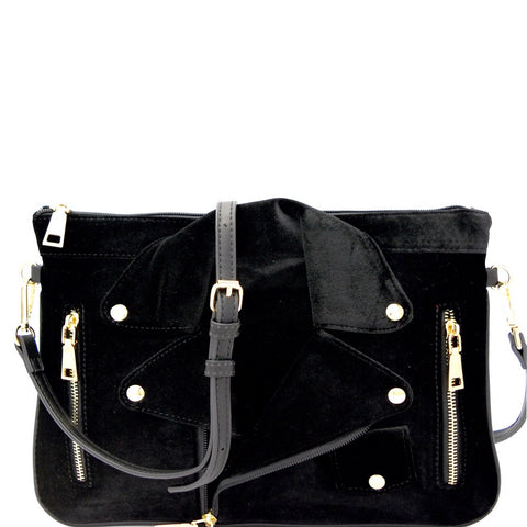 Black Velvet Moto Clutch Shoulder Bag