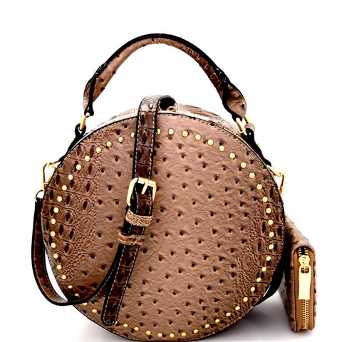 Taupe Ostrich Round Handbag with Wallet