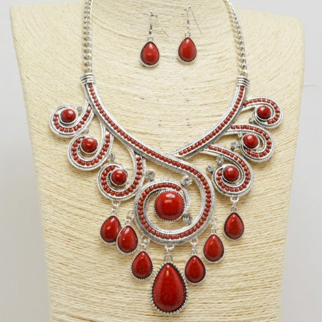 Red Swirl Silver Necklace Set