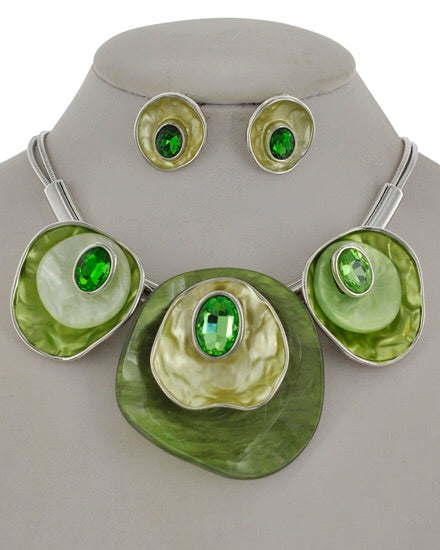 Silver tone Green Statement Necklace Set