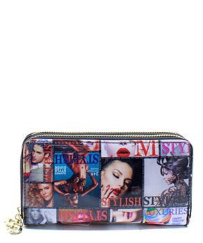 Red Multi Collage Magazine Double Zip Around Wallet