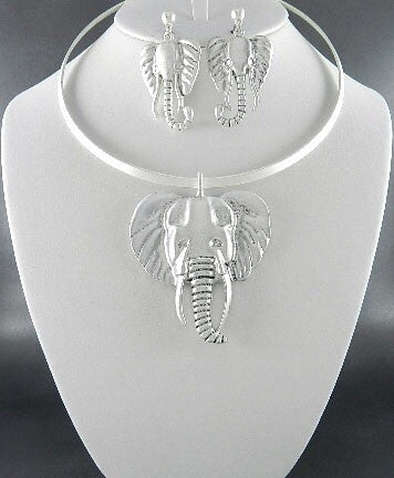 Silver Elephant Choker Necklace Set