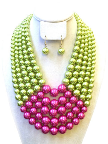Pink and Green Pearl Necklace Set