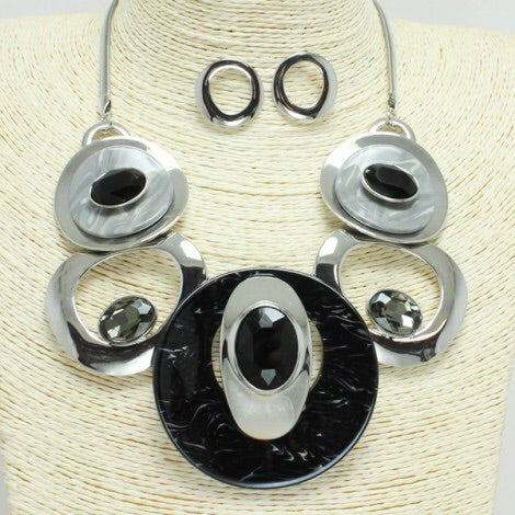 Black Silver Circle Necklace Set